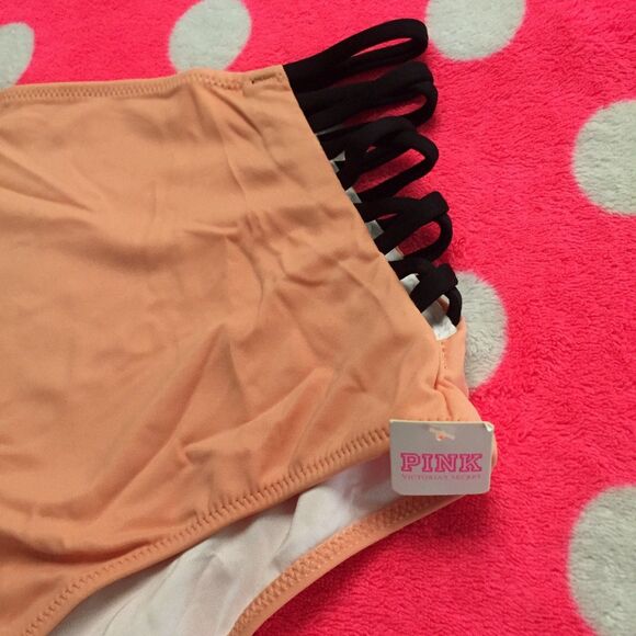 VS PINK High Waist Bikini Bottom NWT Strappy Peach - Picture 2 of 5